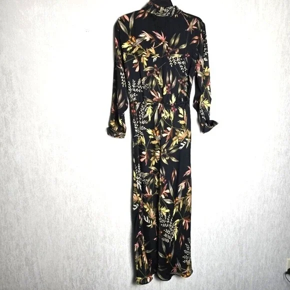 Elan Womens M Maxi Dress Long Lng Sleeve Tie Waist Button Up Black Olive Floral - Picture 11 of 11